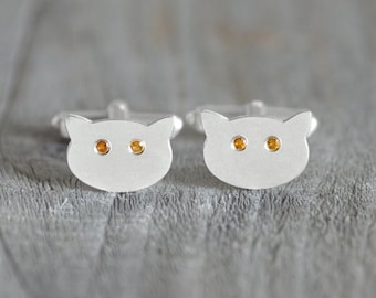 Cat Cufflinks with Citrine Eyes, Cat Lover Cufflinks