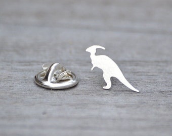 Parasaurolophus Dinosaur Lapel Pin in Sterling Silver, Silver Dinosaur Pin