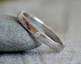 Hammered Effect Platinum Wedding Band with A Diamond, Platinum Wedding Ring With Diamond, Rustic Wedding Band, Made To Order