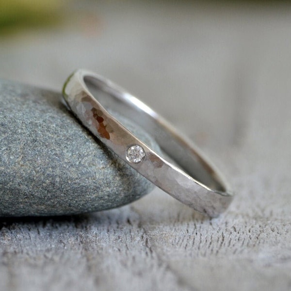 Hammered Effect Platinum Wedding Band with A Diamond, Platinum Wedding Ring With Diamond, Rustic Wedding Band, Made To Order