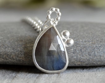 Rose Cut Sapphire Necklace: Natural Gemstone, Sterling Silver Pendant