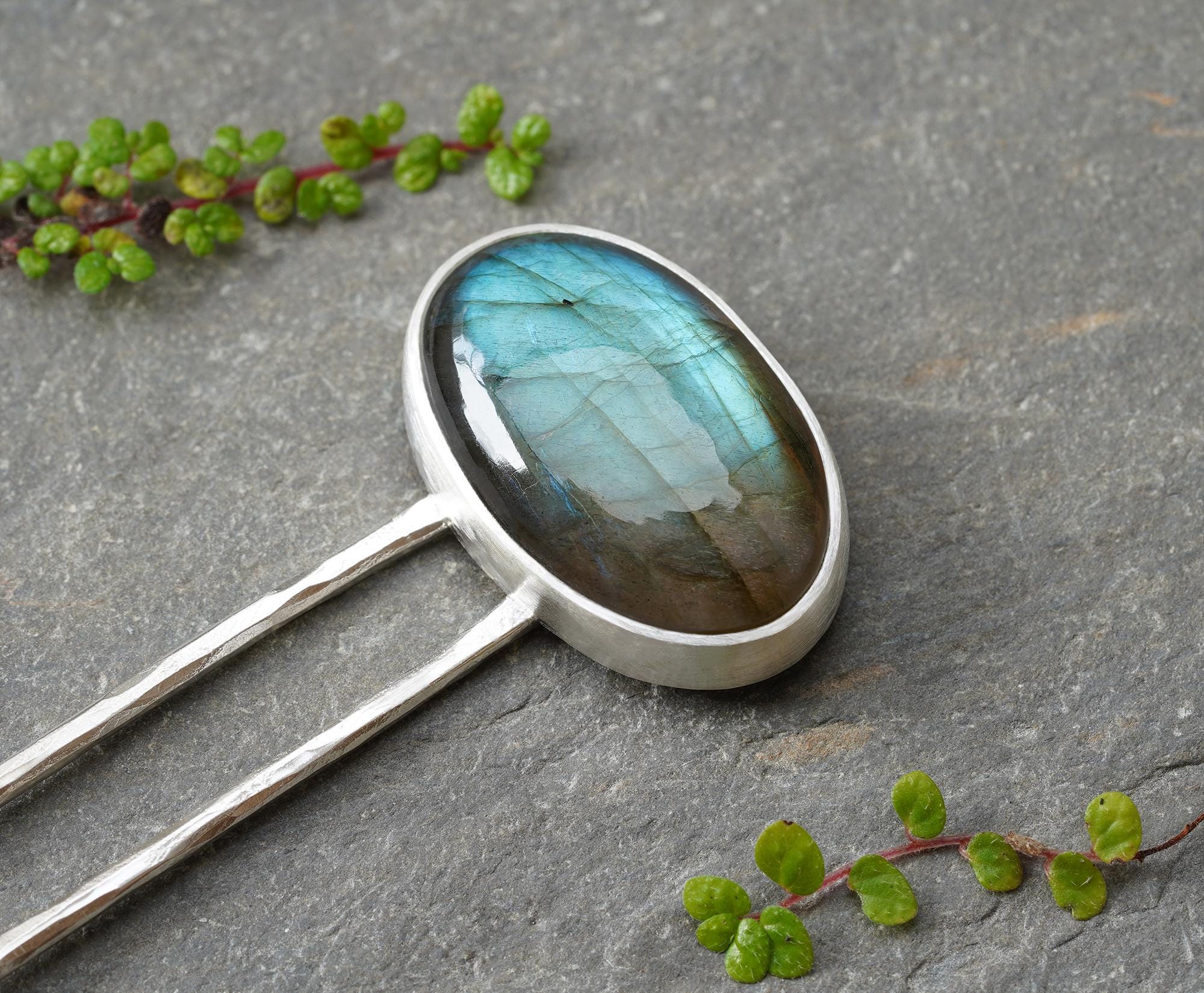 Labradorite Large Eclectic Silver Artisan Hair Pin 4.5” Black, Yellow/Gold, Blue Labradorite – Plumb Gold & Plumb Silver main image 4