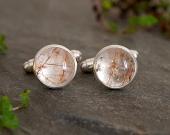 Rutilated Quartz Cufflinks in Solid Sterling Silver, Gemstone Cufflinks Handmade in the UK