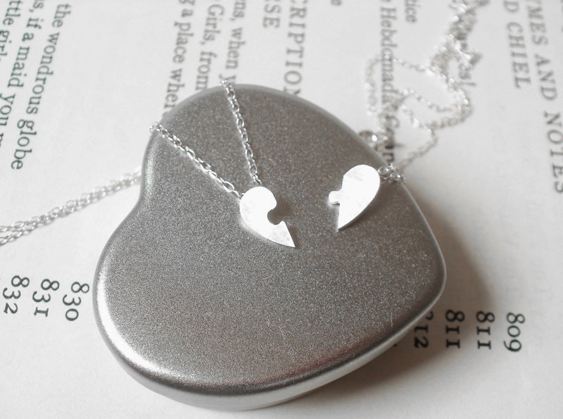 Set of 2 Necklaces Jigsaw Puzzle Heart Handmade in Solid Sterling Silver