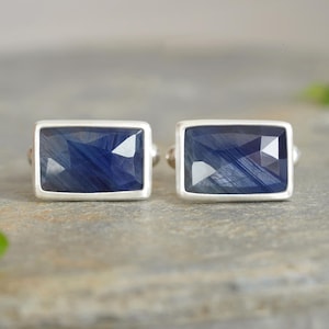 Midnight Blue Sapphire Cufflinks: Sterling Silver Rectangular Design