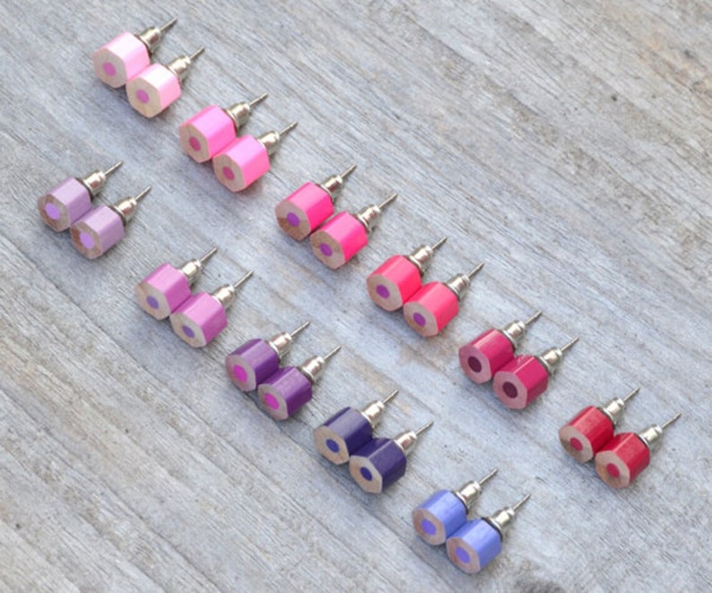 Random Pick Colour Pencil Stud Earrings, Hexagon Pencil Ear Posts, Random Colour, Colourful Pencil Earrings image 6