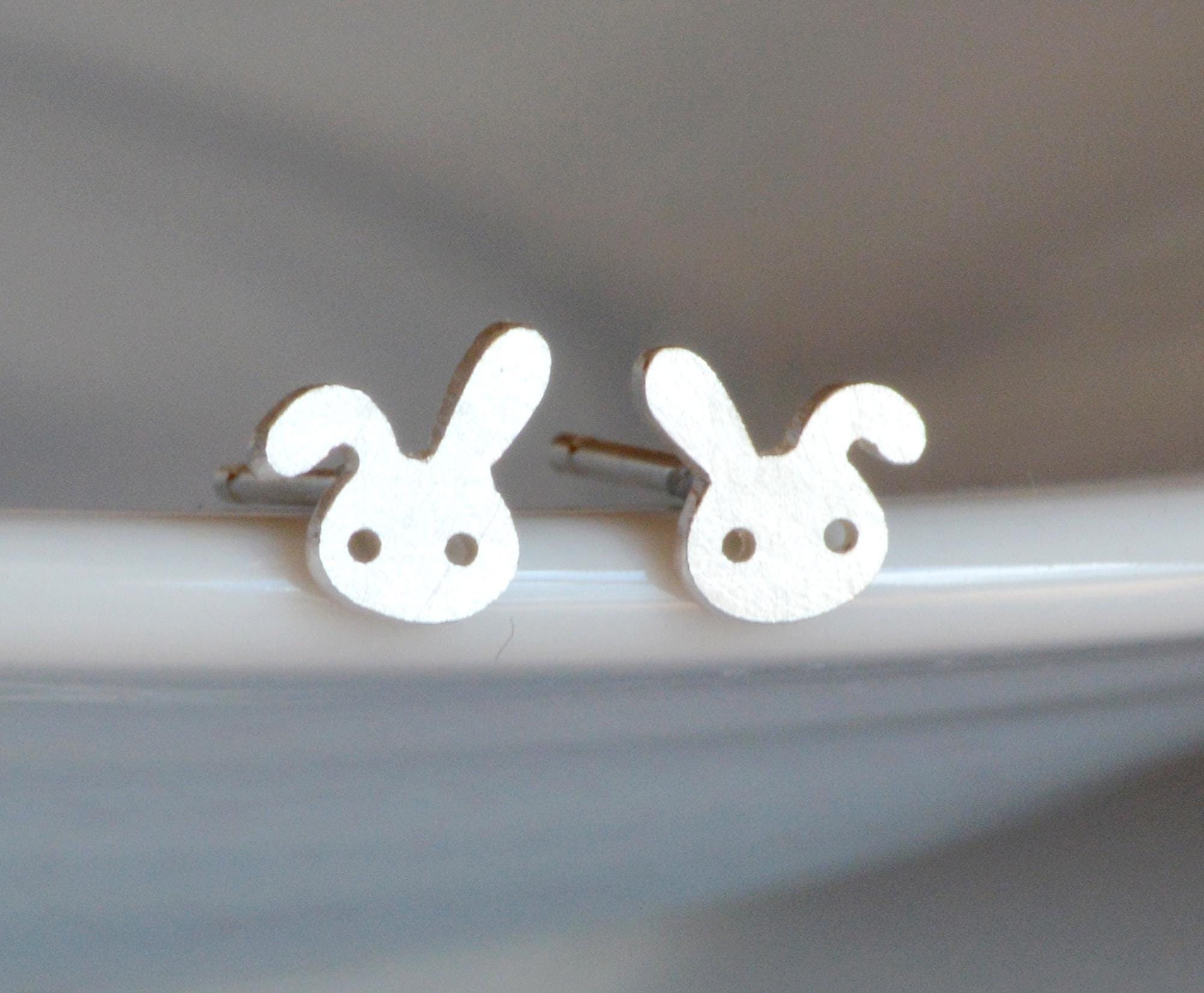 Bunny Stud Earrings With Floppy Ear, Silver Rabbit Ear Posts