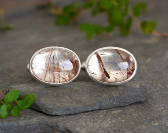 15ct Rutilated Quartz Cufflinks in Solid Sterling Silver, Oval Gemstone Cufflinks Handmade in the UK