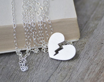 Broken Heart Necklace in Sterling Silver, Personalized Heart Shape Necklace
