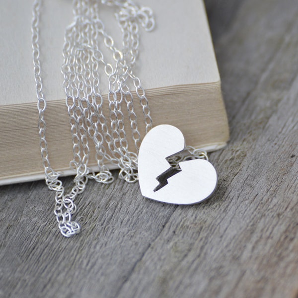 Broken Heart Necklace in Sterling Silver, Personalized Heart Shape Necklace