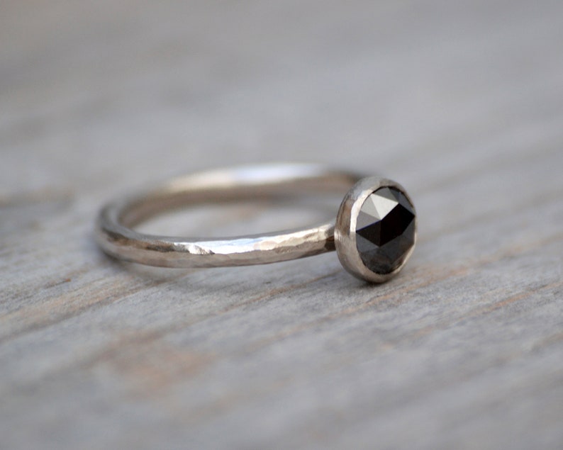 Rose Cut Black Diamond Engagement Ring, Round Diamond Solitaire Ring image 3