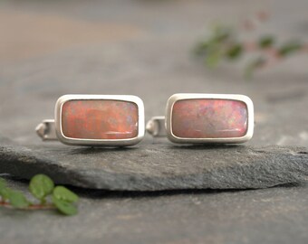 4.6ct Australian Opal Cufflinks in Sterling Silver, One of a Kind Gemstone Cufflinks, Rectangular Cufflinks