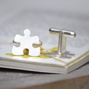 Jigsaw Puzzle Cufflinks in Sterling Silver, Personalized Puzzle Cufflinks image 1
