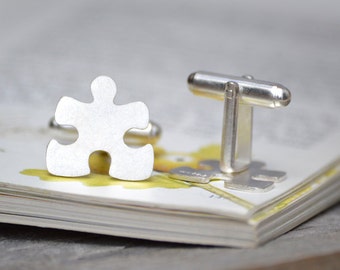 Jigsaw Puzzle Cufflinks in Sterling Silver, Personalized Puzzle Cufflinks