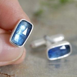 6.35ct Natürliche Kyanit Manschettenknöpfe, Rechteckige Edelstein Manschettenknöpfe in Sterling Silber