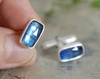 6.35ct Natural Kyanite Cufflinks, Rectangular Gemstone Cufflinks in Sterling Silver