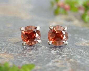 Small Garnet Stud Earrings in Sterling Silver, Prong Set Garnet Ear Posts
