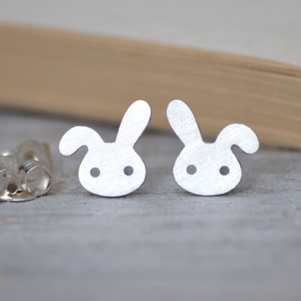 Bunny Stud Earrings with Floppy Ear, Rabbit Ear Posts, Silver Rabbit Earring