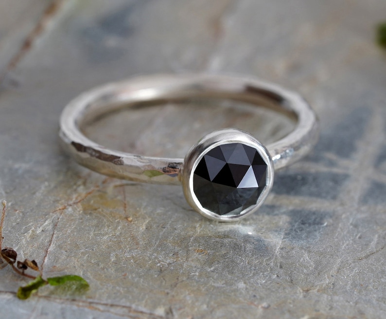 Rose Cut Black Diamond Engagement Ring, Round Diamond Solitaire Ring image 4