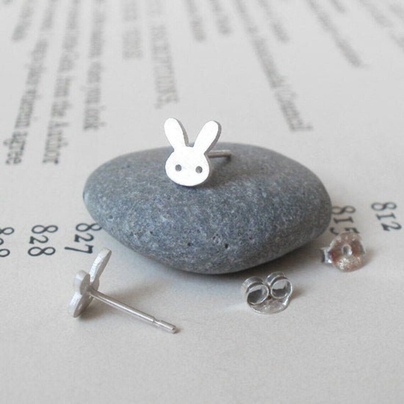 Bunny Stud Earrings with Straight Ears, Silver Rabbit Ear Posts image 1