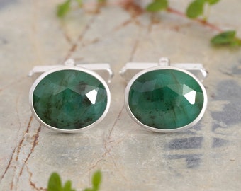 9.4ct Natural Emerald Cufflinks in Sterling Silver, One of a Kind Cufflinks, Oval Emerald Cufflinks, Gemstone Cufflinks