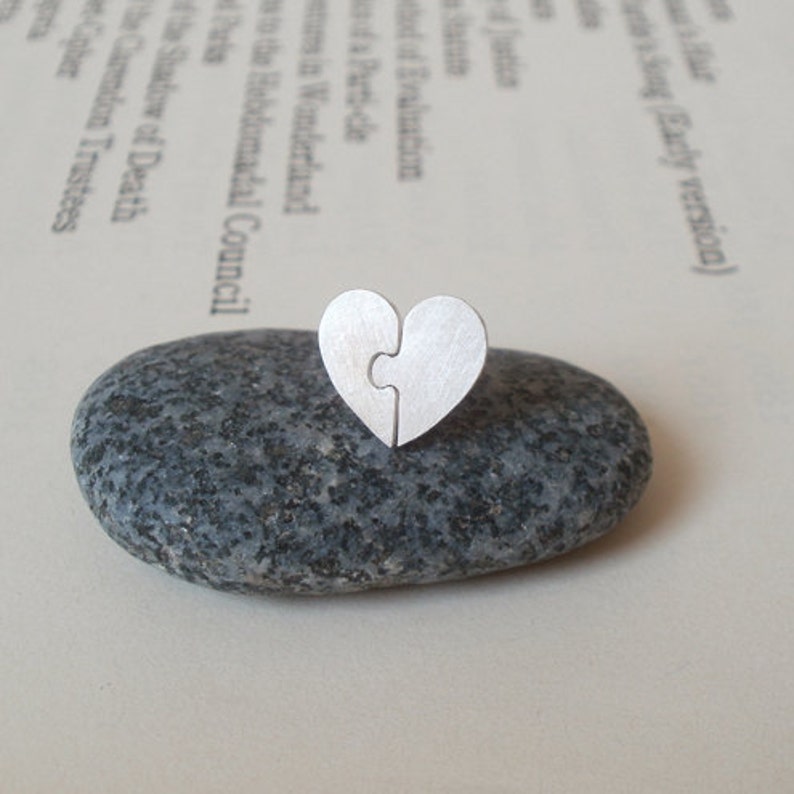 Puzzle Heart Shape Ear Posts in Sterling Silver, Silver Jigsaw Puzzle Stud Earrings image 3