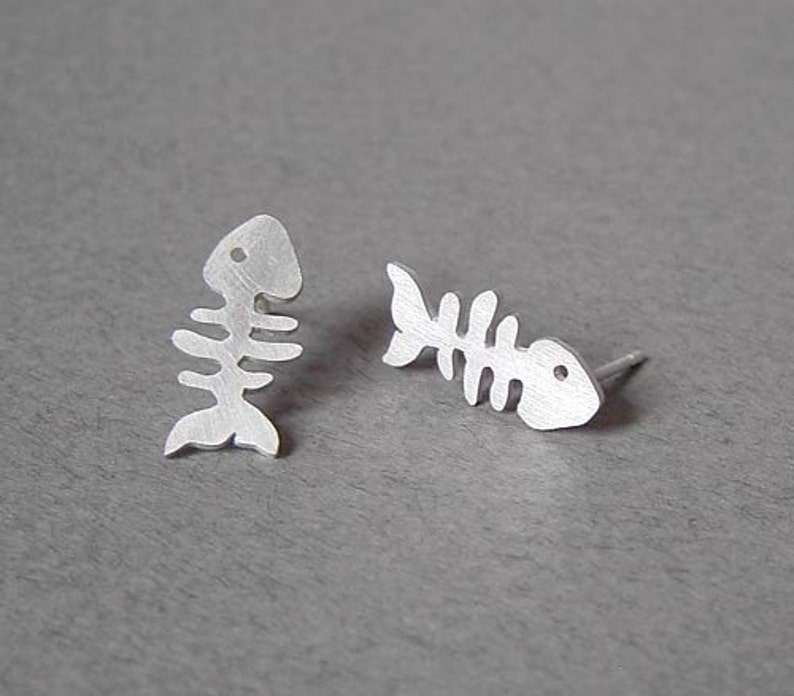 Fishbone Stud Earrings in Sterling Silver Silver Fishbone Ear image 1