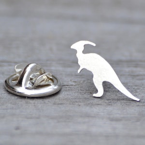Parasaurolophus Dinosaur Lapel Pin in Sterling Silver, Silver Dinosaur Pin
