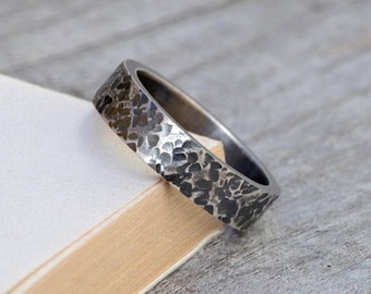 Oxidized Sterling Silver Textured Wedding Band - Rustic Unisex Ring