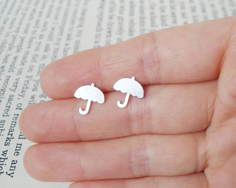 Umbrella Stud Earrings in Sterling Silver, Silver Umbrella Ear Posts image 1