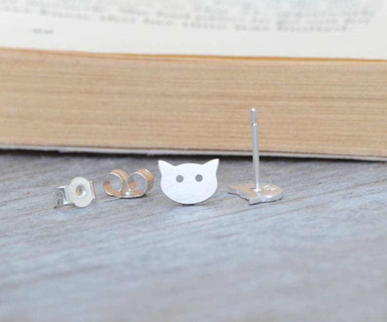 Cat Stud Earrings in Sterling Silver, Silver Kitten Ear Studs image 2