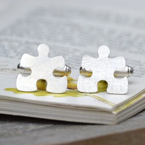 Jigsaw Puzzle Cufflinks in Sterling Silver, Personalized Puzzle Cufflinks image 2