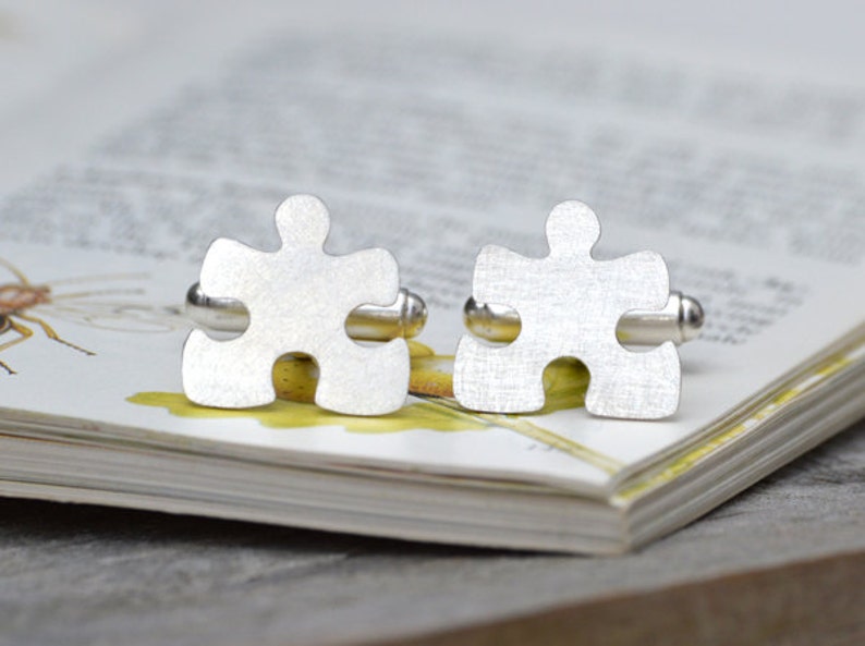 Jigsaw Puzzle Cufflinks in Sterling Silver, Personalized Puzzle Cufflinks image 2