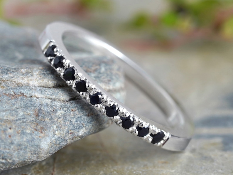 Black Sapphire Wedding Ring, Sapphire Eternity Ring, Pave Sapphire Ring, Made to Order image 1
