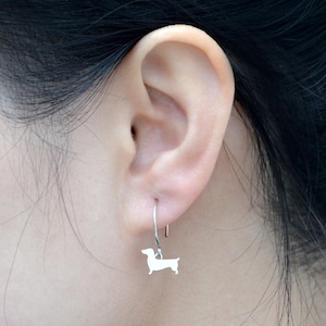 Dachshund Earrings in Sterling Silver, Sausage Dog Dangle Earrings