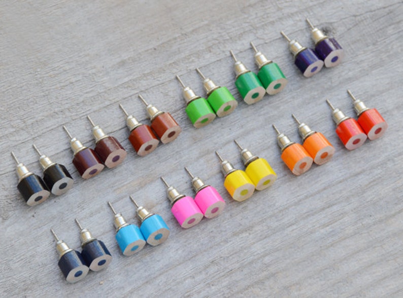 Random Pick Colour Pencil Stud Earrings, Hexagon Pencil Ear Posts, Random Colour, Colourful Pencil Earrings image 9