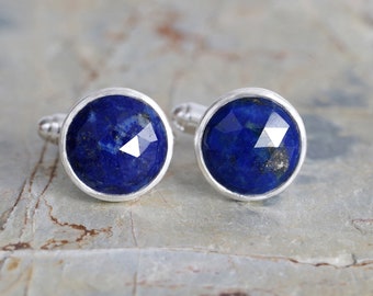 Round Lapis Lazuli Cufflinks in Sterling Silver, Something Blue Wedding Gift For Him, Gemstone Cufflinks Handmade in the UK