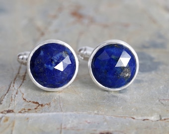 Round Lapis Lazuli Sterling Silver Cufflinks, Handmade in UK