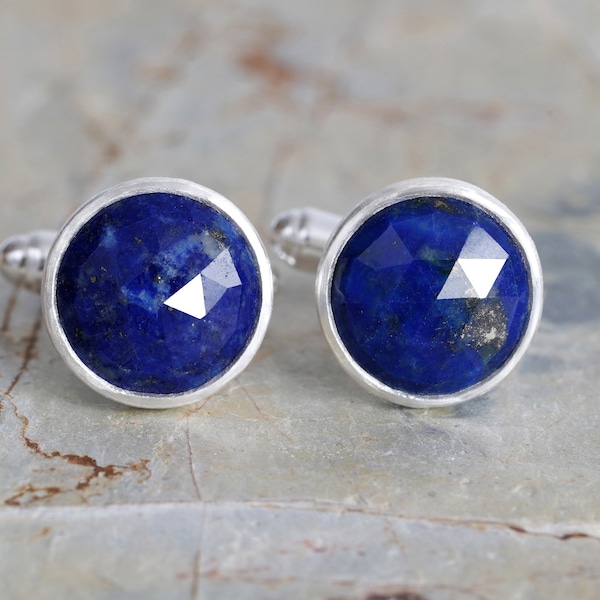 Round Lapis Lazuli Cufflinks in Sterling Silver, Something Blue Wedding Gift For Him, Gemstone Cufflinks Handmade in the UK