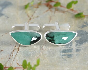 5.9ct Natural Emerald Cufflinks in Sterling Silver, One of a Kind Cufflinks, Round Gemstone Cufflinks