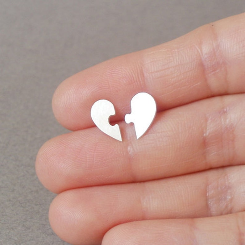 Puzzle Heart Shape Ear Posts in Sterling Silver, Silver Jigsaw Puzzle Stud Earrings image 2