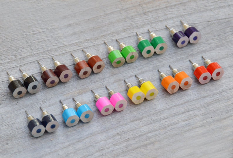 Random Pick Colour Pencil Stud Earrings, Hexagon Pencil Ear Posts, Random Colour, Colourful Pencil Earrings image 1