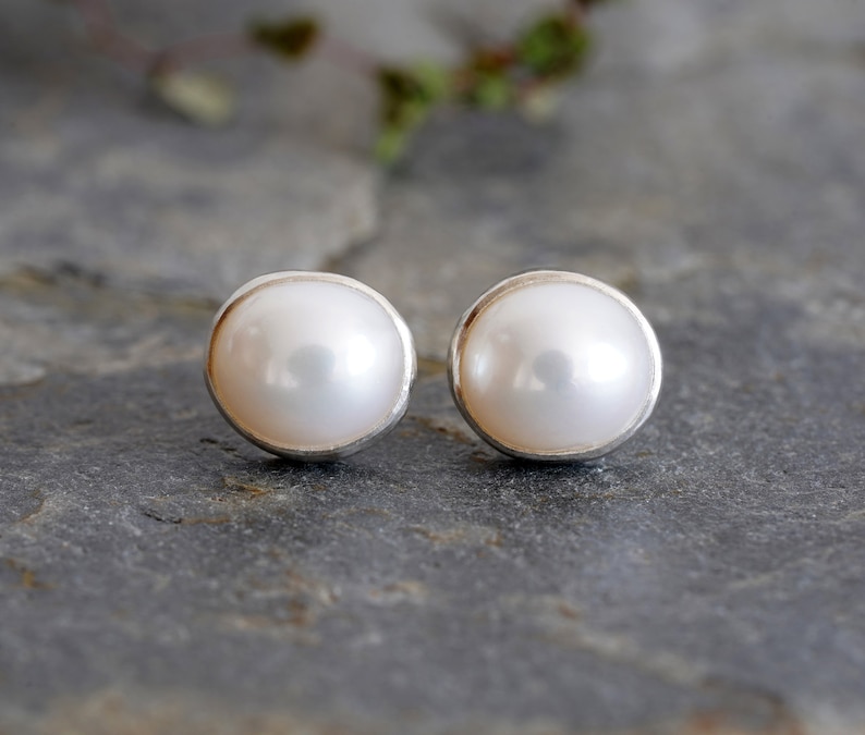 Freshwater Pearl Stud Earrings Set in Sterling Silver, Bridal Ear Posts image 1