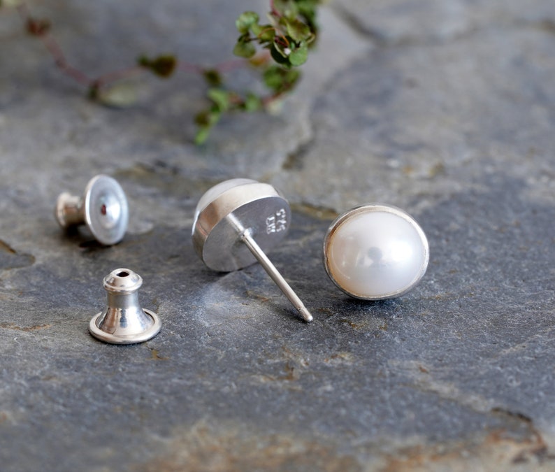 Freshwater Pearl Stud Earrings Set in Sterling Silver, Bridal Ear Posts image 2