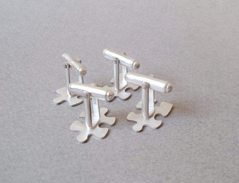 Jigsaw Puzzle Cufflinks in Sterling Silver, Jigsaw Puzzle Cufflinks with Personalized Message image 3