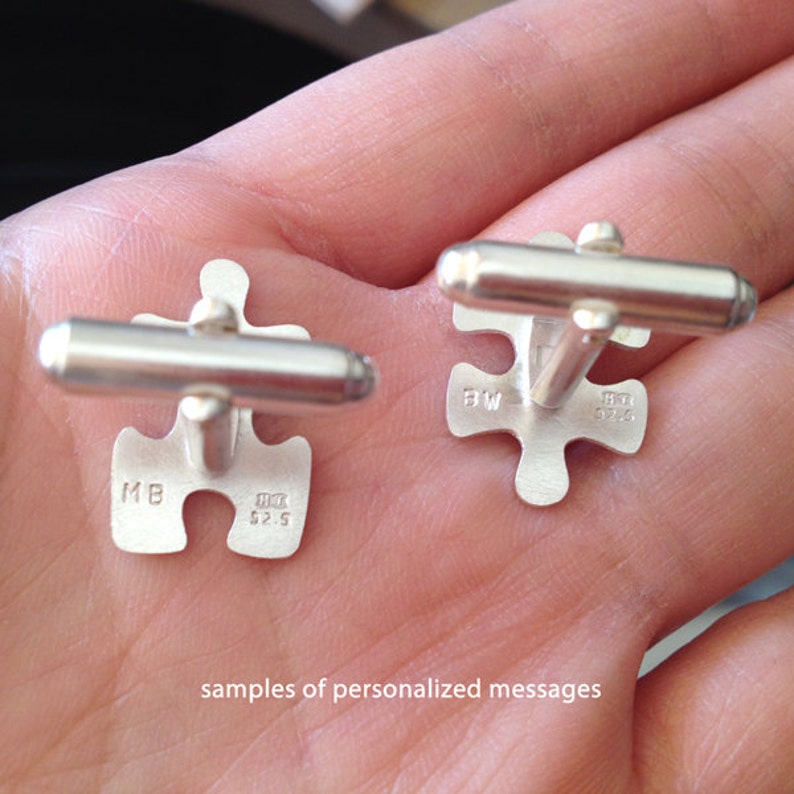 Jigsaw Puzzle Cufflinks in Sterling Silver, Jigsaw Puzzle Cufflinks with Personalized Message image 4