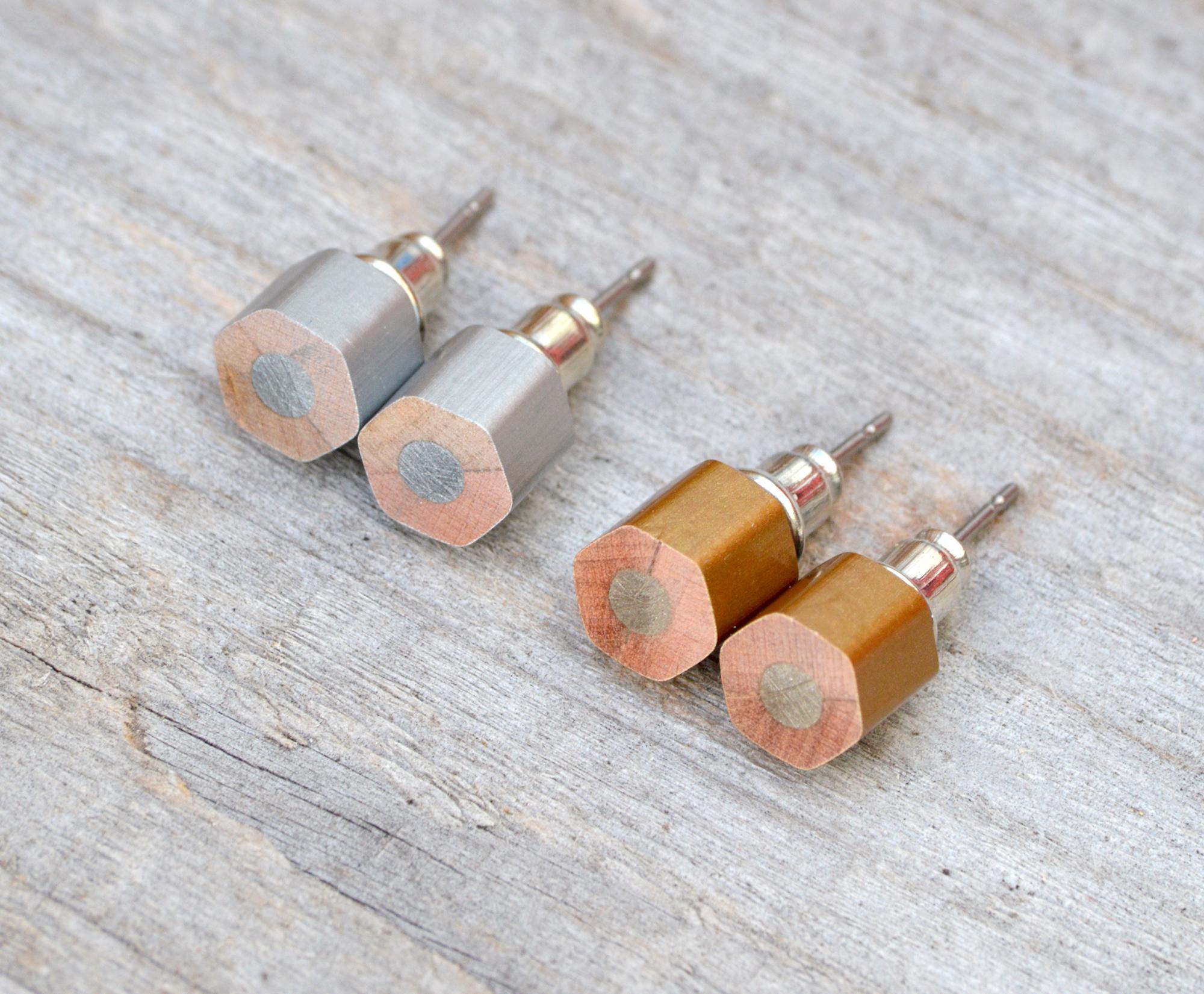Golden Pencil Stud Earrings, Silver Pencil Ear Post, Hexagon Pencil Earrings