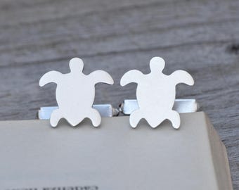 Boutons de manchette tortue de mer en argent sterling : option initiale personnalisée