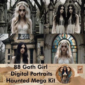 88 bellissimi ritratti digitali di ragazze gotiche, pagine di diario spazzatura, kit strega oscura, kit digitale di Halloween, foglio di collage di carta digitale stampabile da scaricare