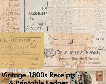 Vintage 1800s Ledger Paper Ephemera: Scanned Original Antique Receipts, Collage (Digital Download)
